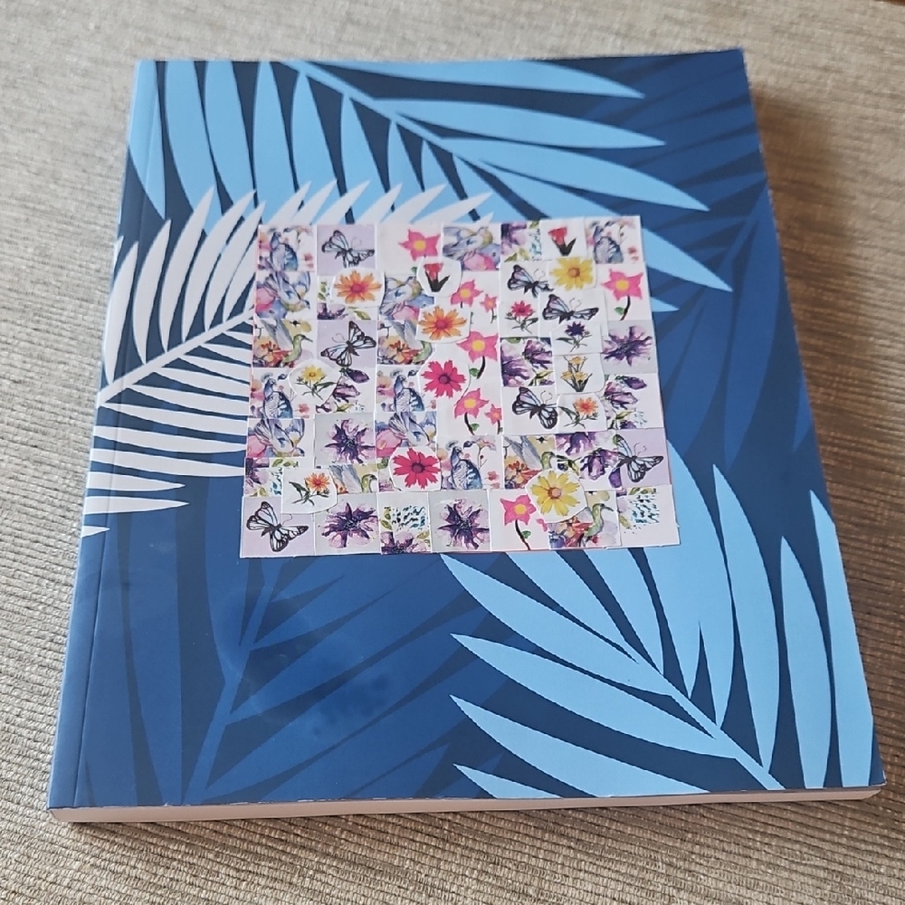 Blue & Light Blue Leaf Pattern Notebook w/ Sticker Design On Cover.